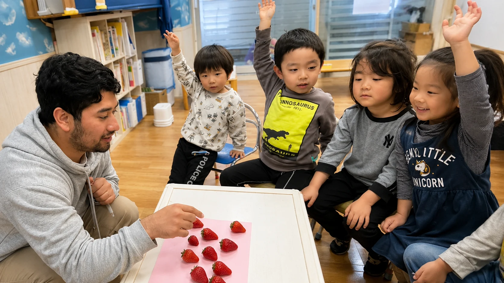 先生と子どもたちがテーブルで活動している様子